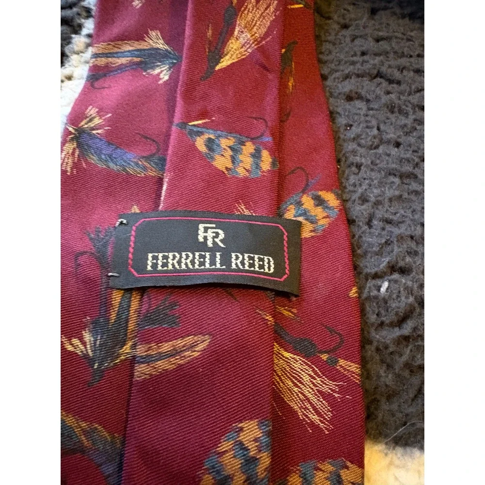Ferrell Reed Mens Silk Tie Burgundy Red Fly Fishing Lures Feathers Made in USA